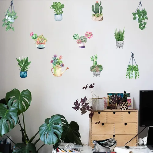 Miniatura 2 de IARTTOP Calcomanía de pared de plantas en maceta de primavera, flores verdes, plantas en maceta, calcomanías de pared para colgar plantas en macetas