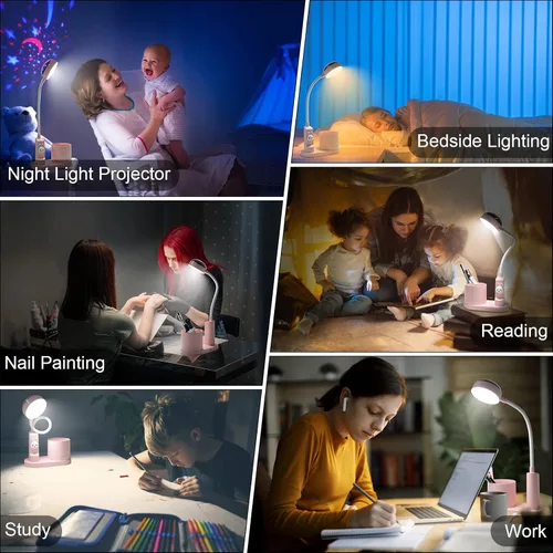 Miniatura 6 de Lámpara LED de escritorio para niños, pequeña y bonita luz de mesa con soporte para bolígrafo, lámpara de cuello de cisne rosa, proyector