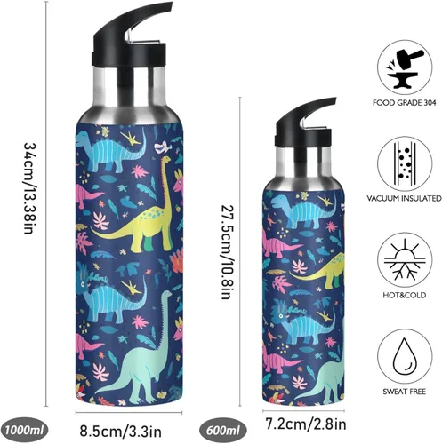 Miniatura 2 de Dinosaurs Tropical Navy Blue Insulated Stainless Steel Water Bottle with Straw 32 Oz, BPA-Free Sport Water Bottle Insulated Leakproof Water Bottles