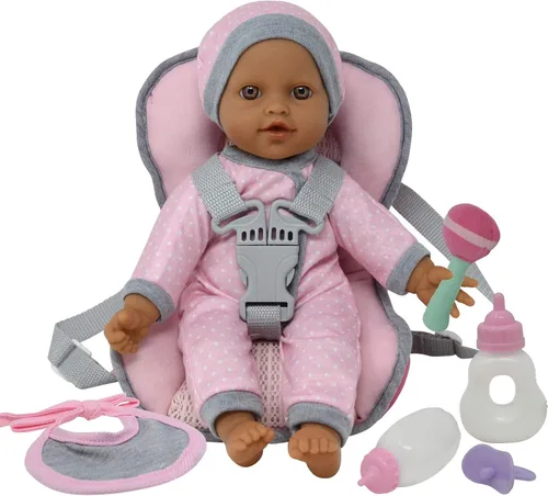 Miniatura 8 de Juego de viaje – Mochila portadora de asiento de coche para muñeca bebé con muñeca de cuerpo suave de 12 pulgadas, botellas y accesorios de juguete