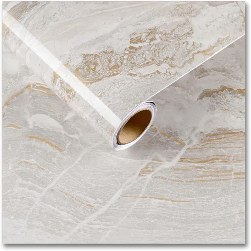 CRE8TIVE Papel de contacto de mármol líquido dorado beige para armarios, papel tapiz de mármol brillante para encimeras de despegar y pegar, Oro