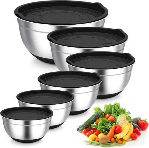 TeamFar Tazones para mezclar, cuencos negros con tapas, tazón de ensalada anidable de acero inoxidable con tapa hermética y parte inferior de