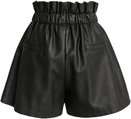 Miniatura 2 de Pantalones cortos de cuero sintético negro de cintura alta y pierna ancha para mujer