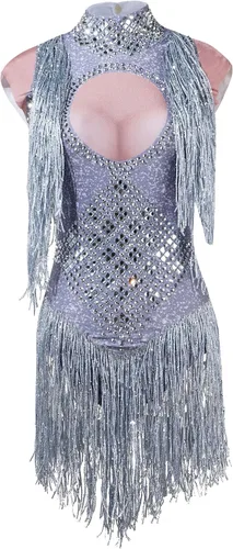 YUANTONG Traje de drag queen brillante con diamantes de imitación plateados, talla única, elástico, trajes de baile de salsa latina de jazz latino