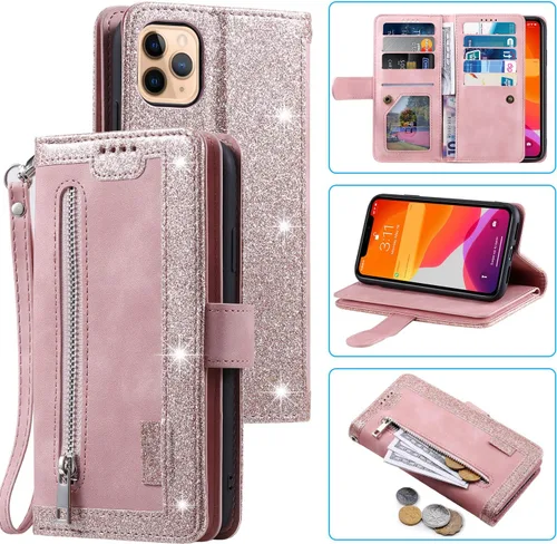 Miniatura 27 de UEEBAI Funda tipo cartera para iPhone 12 Mini de 5.4 pulgadas, retro 9 ranuras para tarjetero, bolsillo con cremallera, cierre magnético, función