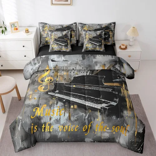 Piano Music 7pcs Comforter King,Musical Notes Bedding Set Kids Girls Boys Teens Room Decor,Retro Graffiti Grey Gold Music Lover Bed in a Multi 11