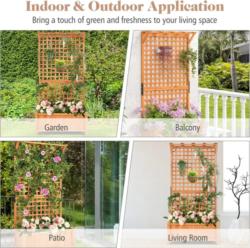 Miniatura 8 de S AFSTAR Cama de jardín elevada con enrejado, maceta elevada de madera con techo colgante y enrejado trepador, 4 agujeros de drenaje, contenedor