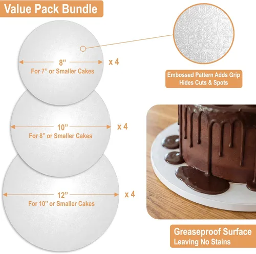 Miniatura 3 de Elegante tambor de tablero para tartas de 8, 10 y 12 pulgadas (3 tamaños, 12 paquetes en total) Herramienta de apoyo gratuita Redondas