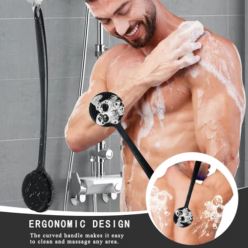 Miniatura 6 de Paquete de 2 cepillos de espalda para ducha, cepillo corporal de mango largo de 17 pulgadas, cepillo de ducha de doble cara para exfoliación