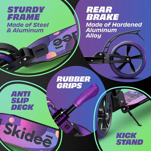 Miniatura 6 de SKIDEE Patinete para Adultos y Adolescentes, Altura Ajustable, Plegable, Ruedas Grandes, Ligero, Duradero, Suspensión Anti-Golpes, Hasta 220 Libras