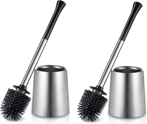 HAMITOR Juego de 2 cepillos para inodoro: 2 unidades de silicona de acero inoxidable para limpieza profunda de inodoro para baño - Accesorios de
