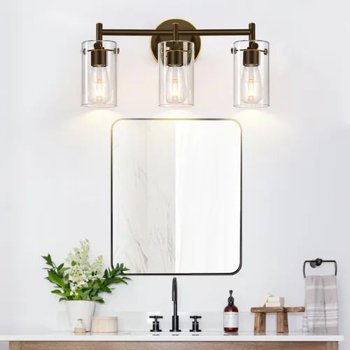 Miniatura 7 de Lámparas de baño de 3 luces actualización 2023, luces de tocador modernas de bronce frotado con aceite con pantalla de vidrio transparente, apliques