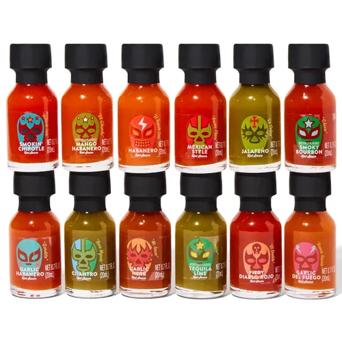 Miniatura 3 de Thoughtfully Gourmet, Luchador Hot Sauce Book Set de regalo, sabores incluyen bourbon ahumado, habanero, ajo del Fuego y más, muestra de salsa