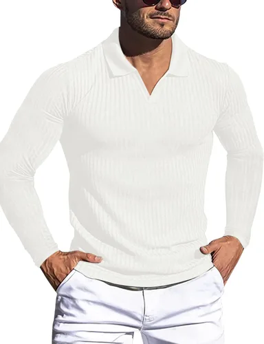 Gnvviwl Camisas tipo polo con cuello en V para hombre, ajustadas, de manga corta, de algodón, de punto acanalado, suaves