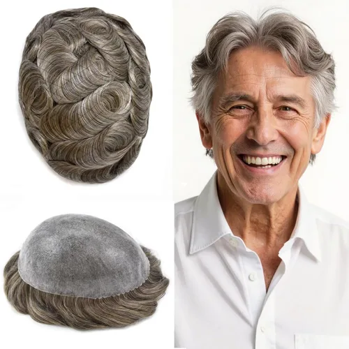 Miniatura 31 de Toupee - Sistema de reemplazo de cabello humano real de 0.004 in para hombres, con inyección, poliuretano duradero, piel fina, línea capilar