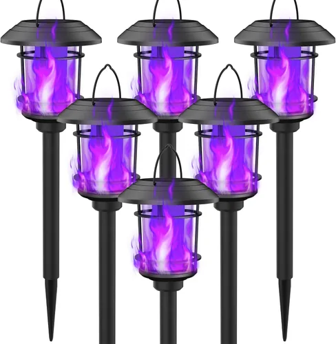 Miniatura 10 de Dynaming 6 unidades de luces de antorcha de llama solar al aire libre, luz de jardín de llama parpadeante de doble uso para Halloween, linternas