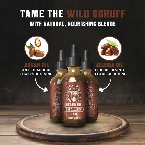 Miniatura 3 de Viking Revolution Aceite de barba de sándalo para hombres, aceite natural para barba con aceite de argán y aceite de jojoba, suavizante de barba