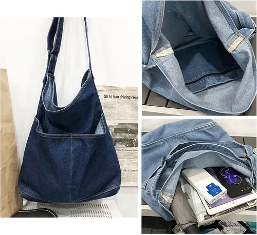 Miniatura 3 de KlaOYer Bolso bandolera de lona, bolso grande tipo hobo para la escuela, bolso de hombro con bolsillo para mujeres y hombres