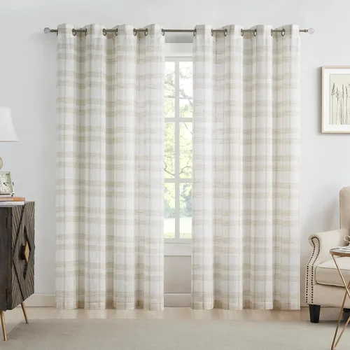 Miniatura 9 de SXZJTEX Cortinas a cuadros grises y blancos, cortinas rústicas de lino traslúcido a cuadros de 63 pulgadas de largo para sala de estar, dormitorio