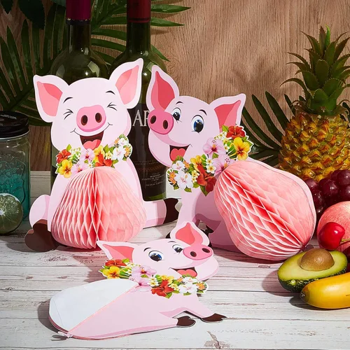 Miniatura 4 de Zonon 4 piezas de decoración de fiesta de cerdo Luau, centros de mesa de tejidos, cerdo rosa, animales de granja, decoraciones para cumpleaños