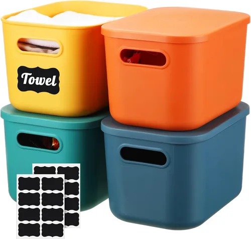Miniatura 9 de Tanlade 8 contenedores de almacenamiento de plástico apilables con tapa y asa, colorida caja de almacenamiento de escritorio para estantes