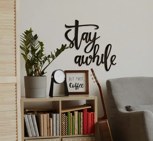 Miniatura 4 de Vivegate Letreros metálicos para pared con texto en inglés «Stay Awhile», 2 letreros negros para decoración del hogar (mediano: 28 x 12 pulgadas)