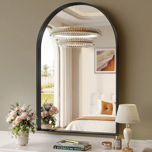 Miniatura 33 de Brightify - Espejo arqueado dorado de 24 x 32 pulgadas, espejo de pared con marco de metal de latón para baño, espejo arqueado superior para tocador