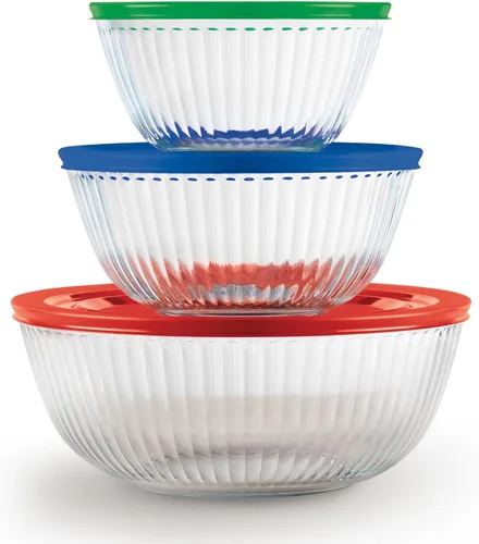 Pyrex Sculpted (3-Paquete) Juego de Cuencos de Mezcla de Vidrio con Tapas para Preparación, Horneado y Cocina, Apto para Horno Precalentado,