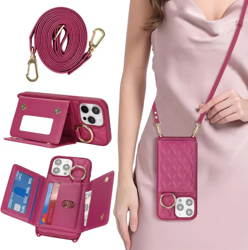 Miniatura 31 de Funda para iPhone 14 Plus con tarjetero y correa para mujer, cordón cruzado, espejo de maquillaje, soporte de anillo, cierre a presión, bonitas Rosa