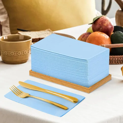 Miniatura 6 de KAMMAK Servilletas Azul Claro Desechables con Bolsillo Paquete de 100 Servilletas de Papel Tipo Tela para Cena Toallas de Mano Plegadas