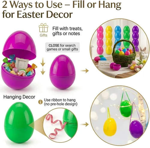 Miniatura 4 de ROSAUI Paquete de 36 huevos de Pascua grandes rellenables (3.5 pulgadas), huevos de plástico de fondo plano con cintas, decoración colgante