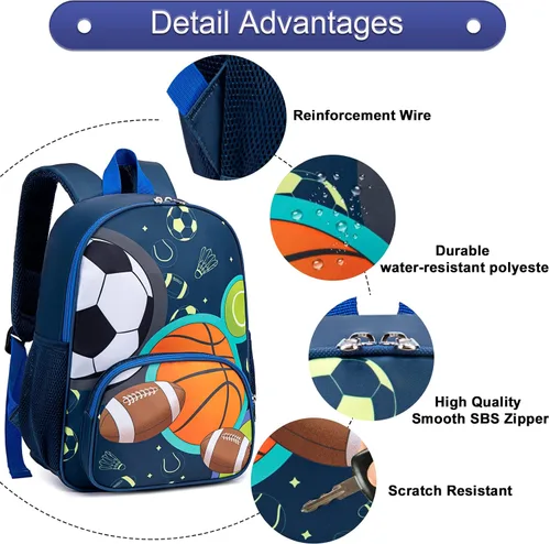 Miniatura 5 de BTOOP Mochila escolar para niños, mochila escolar para preescolar y jardín de infantes con unicornio con clip para el pecho, Sportball-azul marino