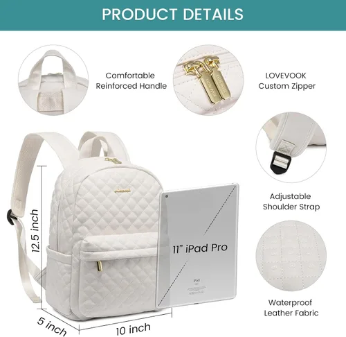 Miniatura 5 de LOVEVOOK Mochila pequeña acolchada para mujer, mochila de cuero, impermeable, para viajes de trabajo, Beige, Compacto