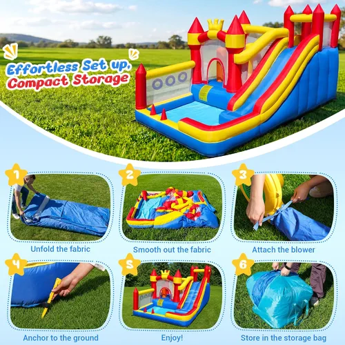 Miniatura 5 de Liaakrr Casa de rebote 8 en 1 para niños, casa inflable con tobogán, pared de escalada, hoyo de pelota, obstáculos, trampolín y aro de baloncesto