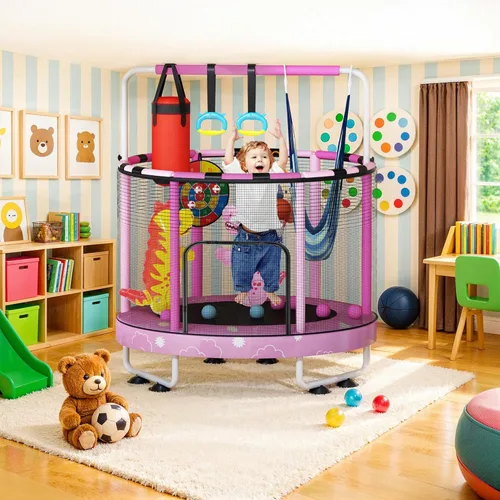 Miniatura 7 de LAMERGE Trampolín redondo 7 en 1 de 55 pulgadas para niños y niñas de 1 a 8 años, trampolín para interiores y exteriores para diversión, barandilla