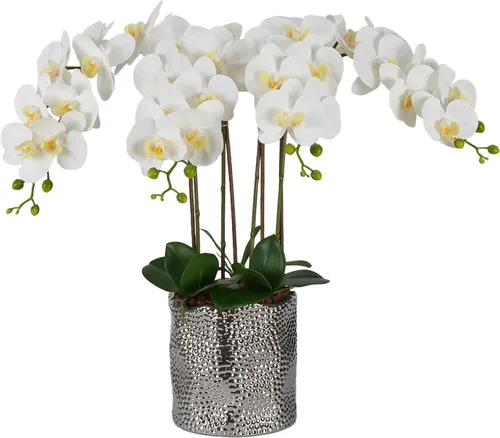 Miniatura 7 de W&W Arreglo de plantas y flores de orquídeas artificiales en maceta de cerámica, orquídea blanca falsa con jarrón plateado, orquídeas falaenopsis