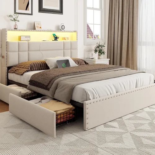 OURPIC Base de cama Queen con 4 cajones de almacenamiento y cabecero, base de cama tapizada tamaño Queen con estación de carga y luces LED, no