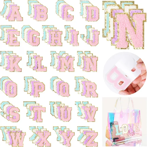 NICEVINYL Parches de letras de chenilla autoadhesivas: 104 piezas de parches de letras preppy de colores mixtos - Parche de iniciales universitarias