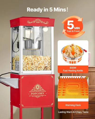 Miniatura 4 de VEVOR Máquina de palomitas de maíz con carro, hervidor de acero inoxidable de 8 onzas, máquina comercial de palomitas de maíz de 800 W, 48 tazas por