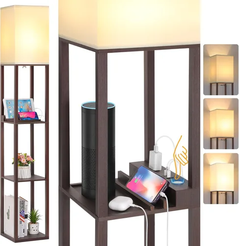 FOLKSMATE Lámpara de pie con estantes de control táctil LED, con USB de carga, puerto tipo C y toma de corriente, lámpara de pie regulable para sala