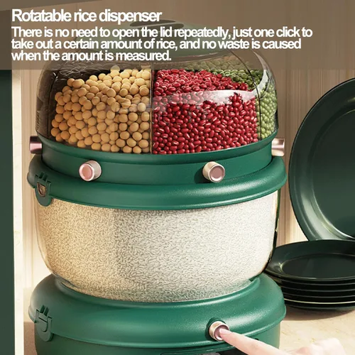 Miniatura 5 de Dispensador de cereales 20Lbs, Contenedor de almacenamiento de cocina giratorio de 360°, Dispensador de arroz y grano de doble capa, Contenedor
