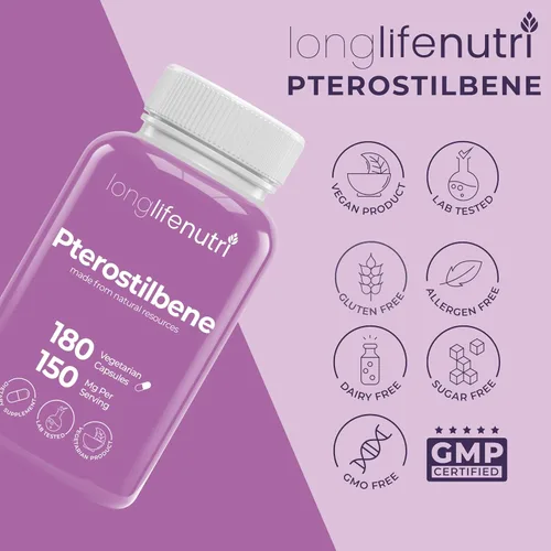 Miniatura 7 de Pterostilbene 150mg 180 cápsulas vegetarianas Hecho en Estados Unidos 75mg por píldora Polvo puro natural
