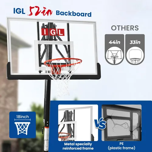 Miniatura 4 de IGL Aro de Baloncesto para Exteriores con Tablero Irrompible de 52 Pulgadas, Aro de Baloncesto Portátil para Exteriores de 10 Pies de Altura