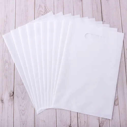Miniatura 3 de ysmile Pequeña bolsa de compras de plástico blanco para tiendas de pequeñas empresas al por menor de polietileno troquelado con asa Goodie 100 ct