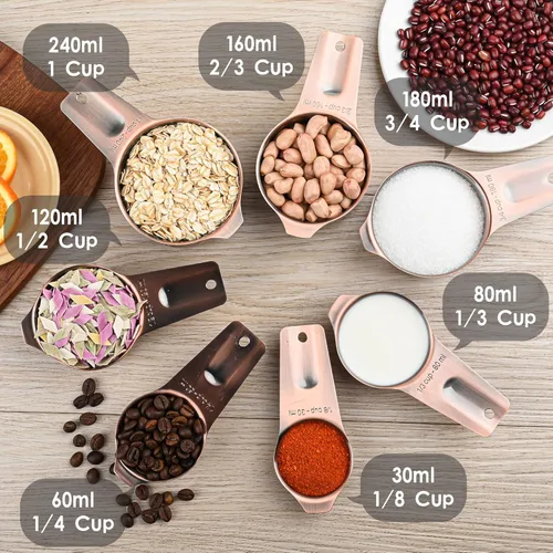 Miniatura 8 de Juego de tazas y cucharas medidoras de cobre, juego de tazas y cucharas medidoras de acero inoxidable, taza métrica y estadounidense 7 medida y 9