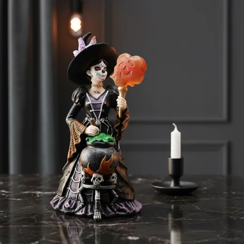 Miniatura 3 de Comfy Hour - Estatua de bruja gótica de 8 pulgadas, figura de La Calavera Catrina del Día de los Muertos, decoración estética de calavera de azúcar