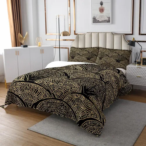 Miniatura 3 de Erosebridal Juego de colcha geométrica ondulada tamaño King, juego de colcha étnica dorada y negra en forma de abanico con plumas ornamentadas