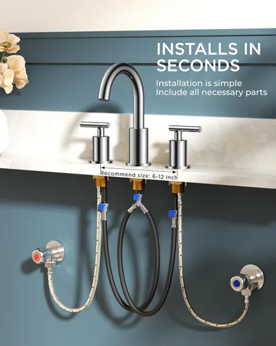 Miniatura 9 de FORIOUS Grifo de baño cromado de 3 agujeros, 8 pulgadas, grifo de lavabo de baño de cromo pulido de 6 pulgadas con drenaje desplegable de metal