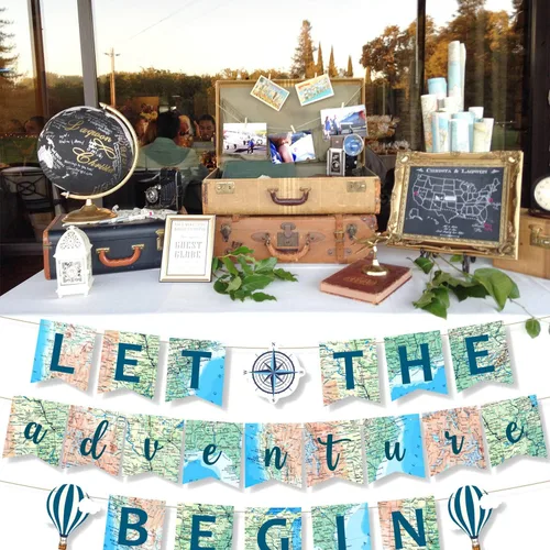 Miniatura 5 de Yaaaaasss! Cartel de «Let the Adventure Begin» Banner de mapa de aventura que espera un buen viaje para cumpleaños, baby shower, graduación
