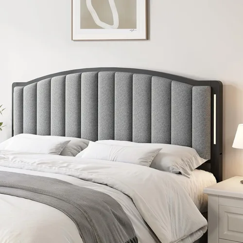 Cabecera para cama tamaño Queen con luces LED, cabecero tapizado de canal vertical acolchonado, cabecera de cama de tela de lino, marco de fijación,